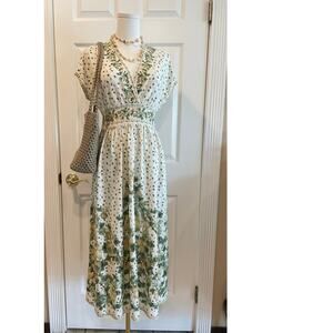 Max Studio Cream Floral Print Short Sleeve Midi Dress Linen Size Small